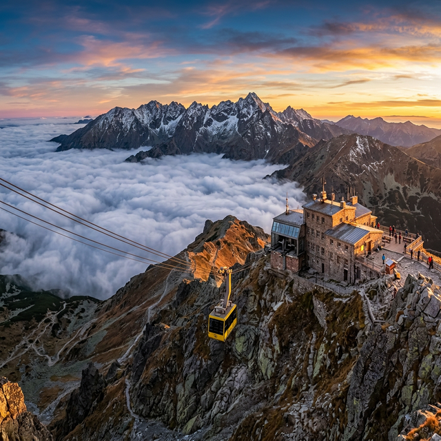 Kasprowy Wierch cable car ascending towards snow-covered alpine peak with panoramic mountain views