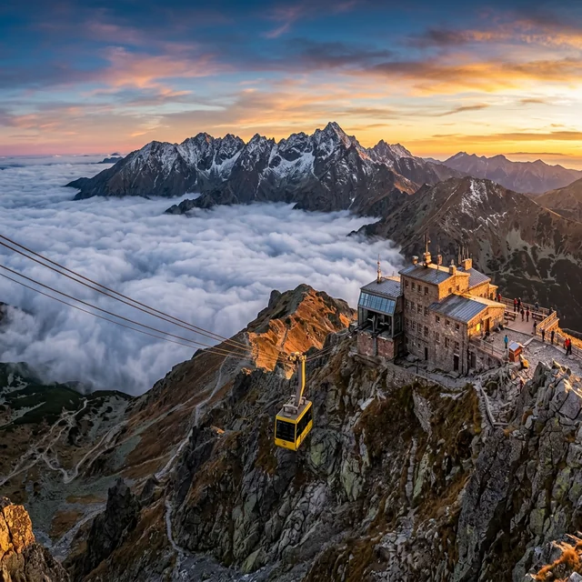 Kasprowy Wierch upper cable car station above clouds and rocky Tatra peaks at sunset