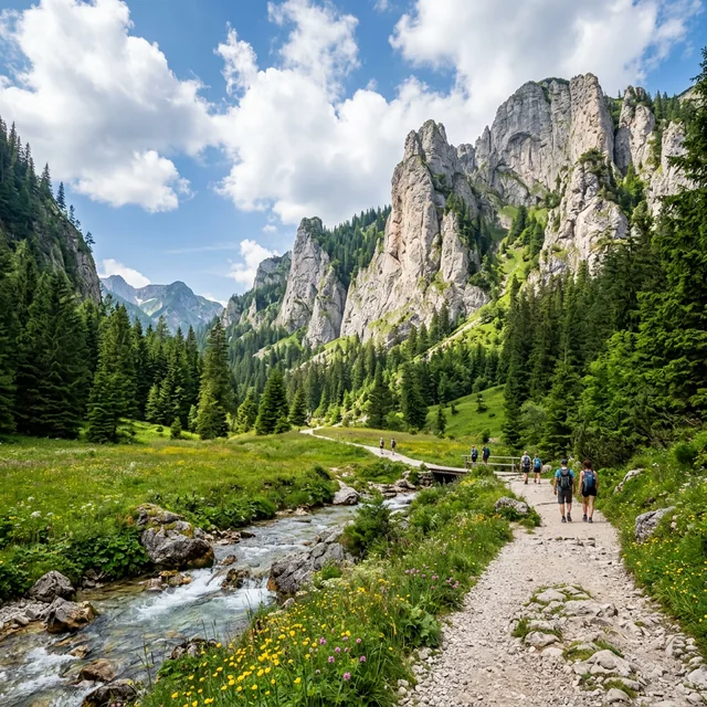 Broad summer path through Koscieliska Valley with Tatra cliffs, forest and hikers