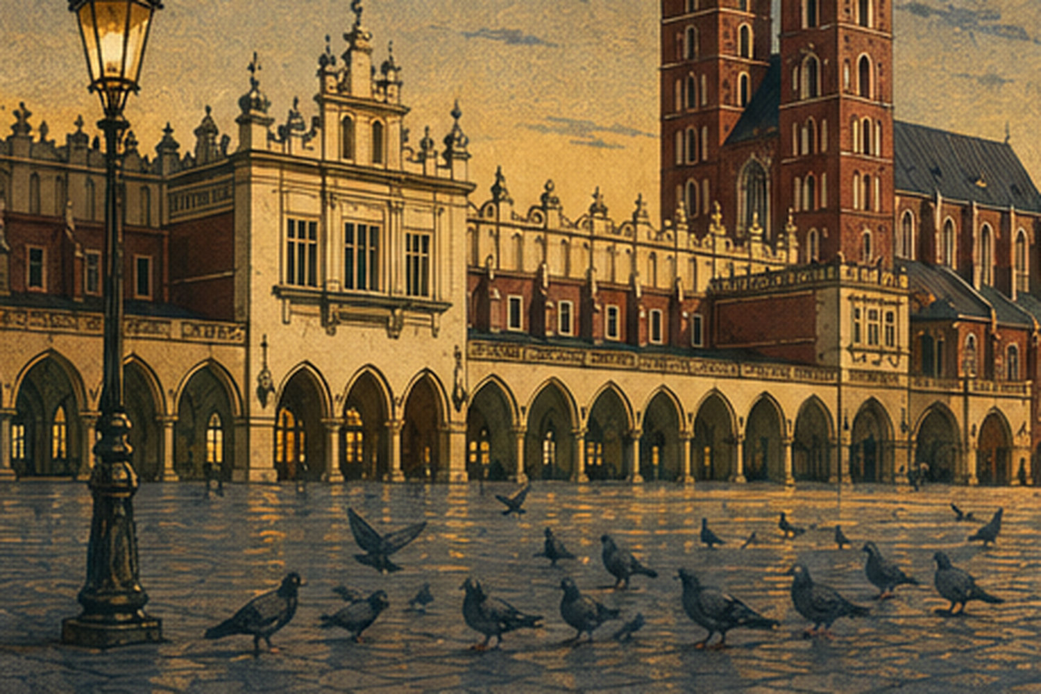 Illustration of Kraków Main Square with the Cloth Hall and the towers of St Mary's Basilica