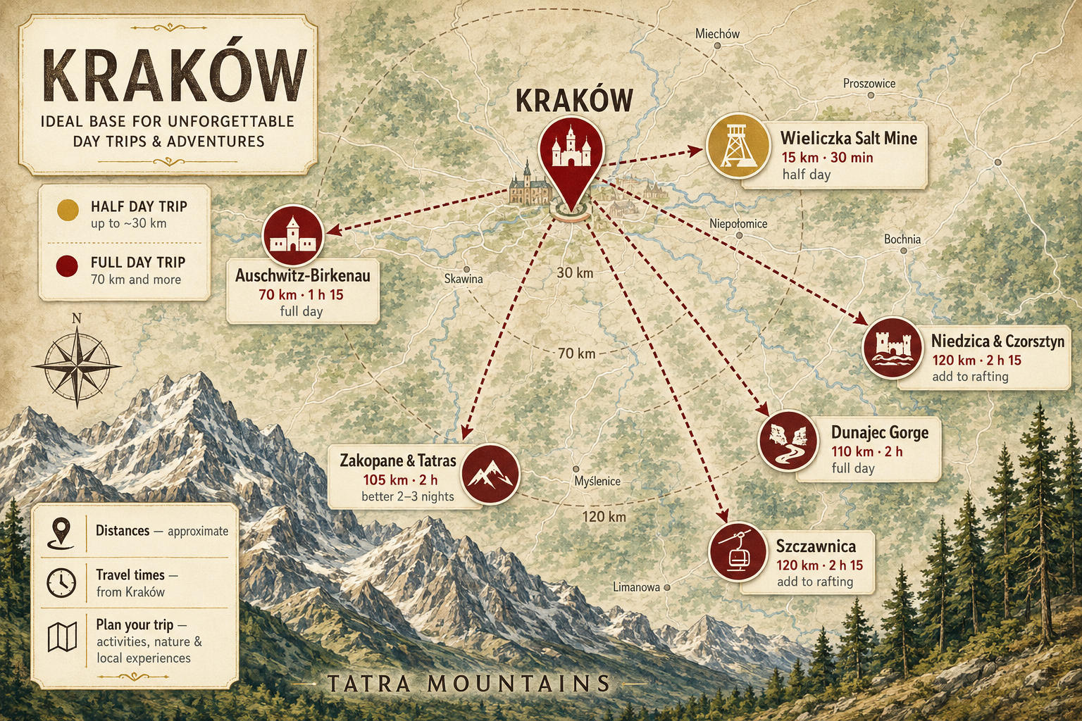 Map of day trips from Krakow showing Wieliczka, Auschwitz, Zakopane, the Dunajec Gorge, Niedzica and Szczawnica with distances