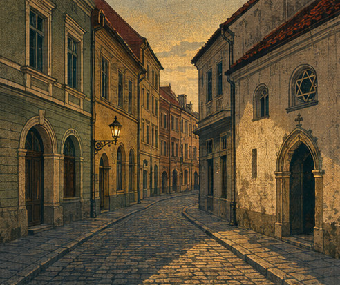Illustration of a narrow cobbled street in Kazimierz with tall tenement facades and a synagogue wall