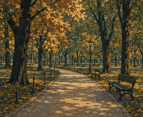 Illustration of the Planty park ring, an avenue of mature trees over a curving path with benches