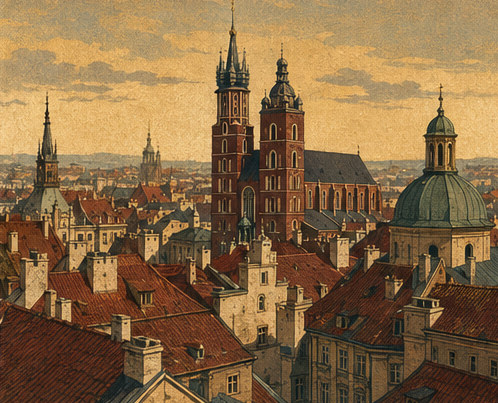 Illustration of Krakow Old Town rooftops from above, red tile and church spires with the basilica towers dominant