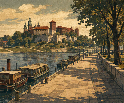 Illustration of the Vistula embankment below Wawel, with moored boats and the castle on the bluff behind