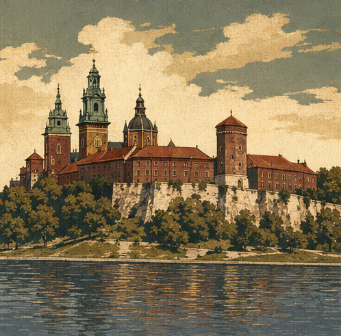 Illustration of Wawel Castle on its limestone bluff above the Vistula, seen from the river bank