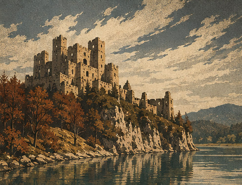 Illustration of the ruins of Czorsztyn Castle on a rocky outcrop above the same reservoir