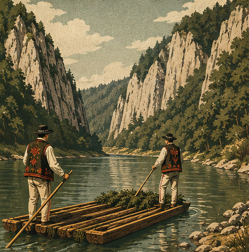 Illustration of raftsmen in embroidered highland waistcoats poling a flat wooden raft down the Dunajec between limestone cliffs