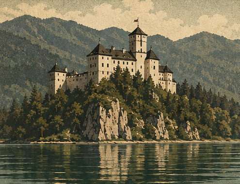 Illustration of Niedzica Castle, a white medieval stronghold on a wooded bluff above the Czorsztyn reservoir