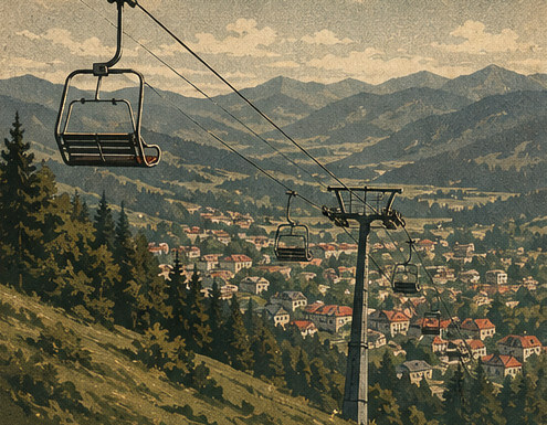 Illustration of the Palenica chairlift climbing a green hillside above the rooftops of Szczawnica, with mountain ridges beyond
