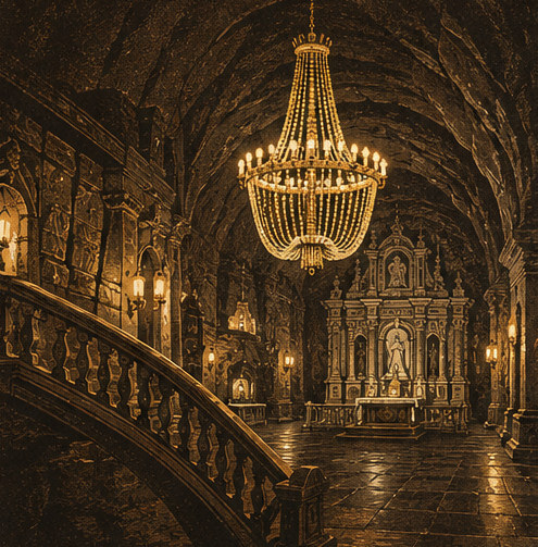 Illustration of the underground chapel at Wieliczka Salt Mine, with a chandelier of salt crystals above a carved staircase