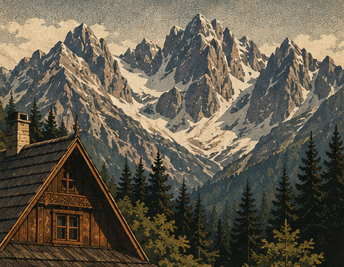Illustration of the Tatra peaks with snowfields above dark spruce forest, a wooden highland cottage roof in the foreground