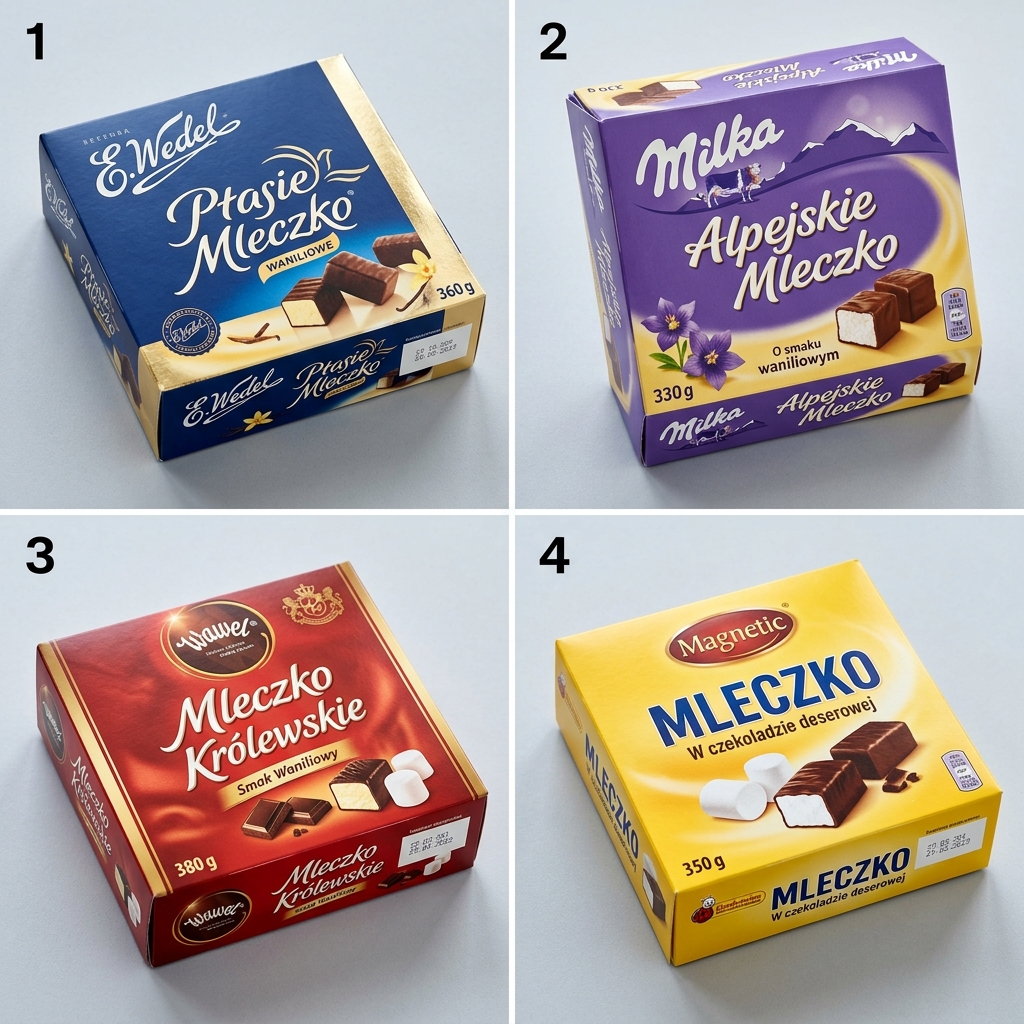 Common Ptasie Mleczko brands in Poland: Wedel, Milka, Wawel, Magnetic