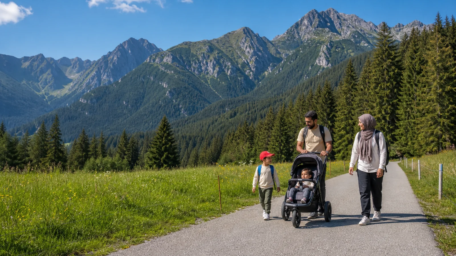 Muslim family walking with children and an all-terrain stroller in the Tatra Mountains near Zakopane
